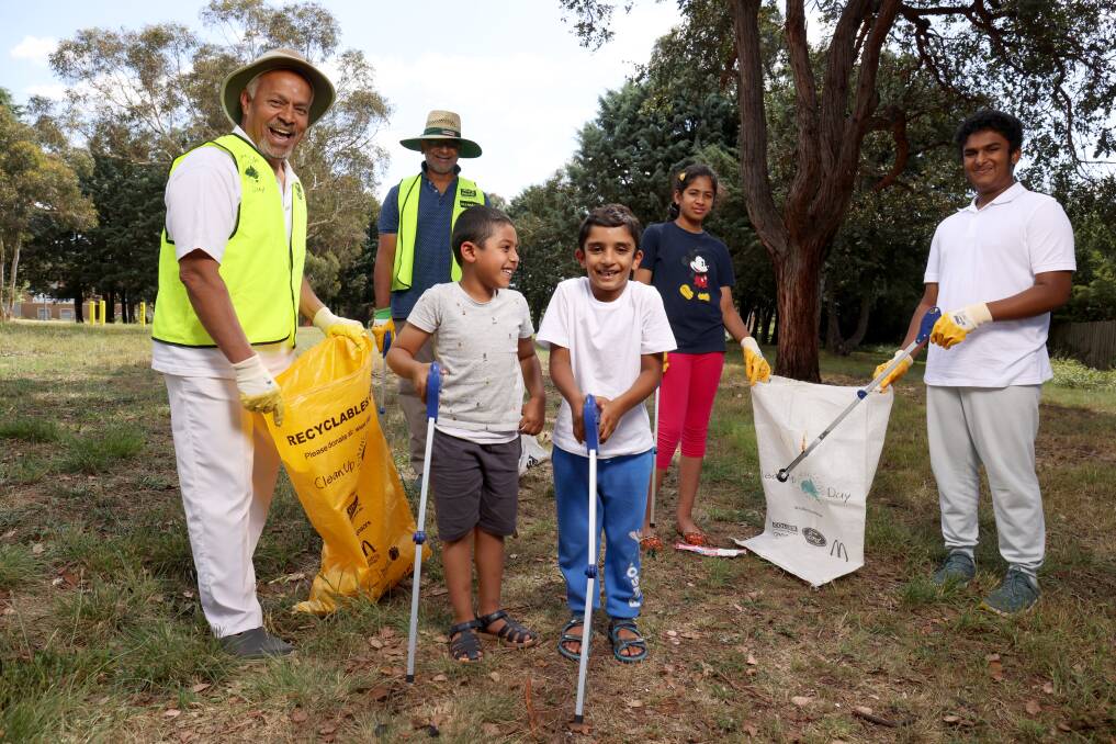 Volunteer litter cleaners, left to right; Krish Venkataraman, Giri Selvadurai, Rithvik Shankar, Vivaan Iyer, Ananya Iyer and Saathvik Shankar ahead of Clean up Australia Day. Picture by James Croucher