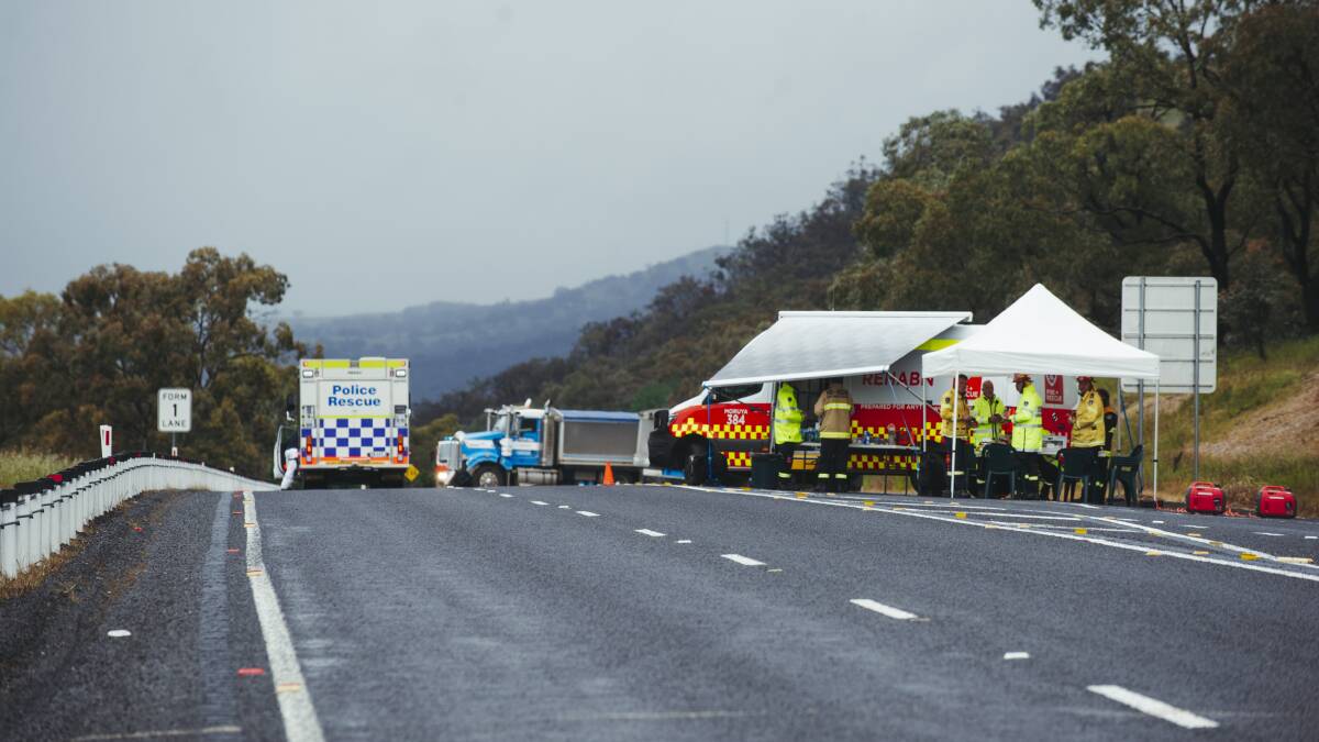 Police at the site of a fatal crash on the Monaro Highway on Friday afternoon. Picture: Dion Georgopoulos