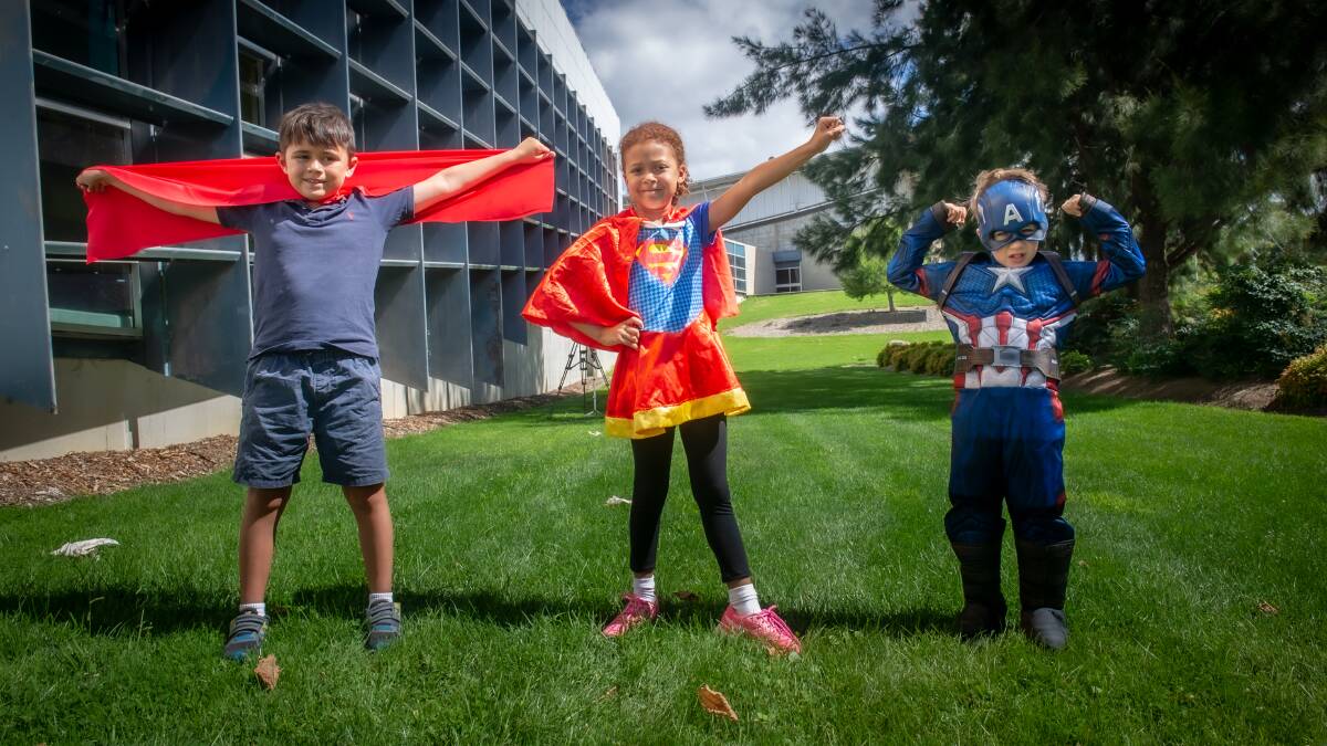The AIS vaccination clinic is holding a Superhero Day on Saturday to encourage kids to get vaccinated. Pictured are Alex Violante, 9, Zara Greenaway, 6, and Spencer Pedley, 5. Picture: Karleen Minney