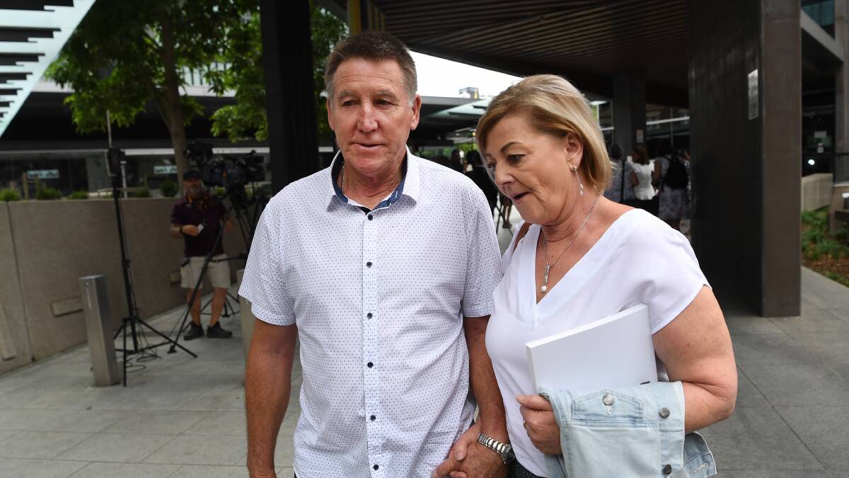 Kate Goodchild and Luke Dorsett's father Shayne Goodchild, left, and his wife Jenny Harrison leave the Magistrates Court in Brisbane on Monday. Picture: AAP