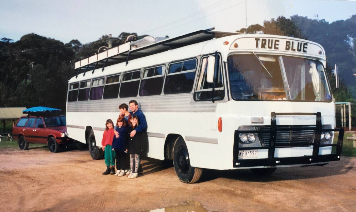 Setting off from the coast in True Blue, the converted bus we travelled Australia in for a year. That's me, in Christmas colours, on the far left. 