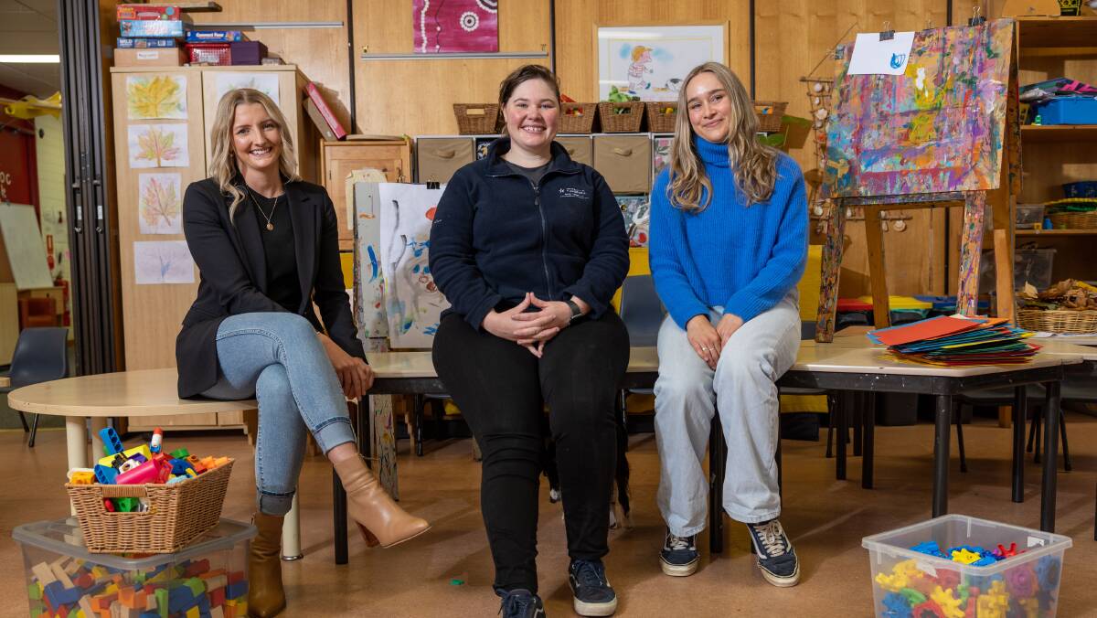 Taylah Bacon, Jess Willding and Leila Chalmers studied teaching at the University of Canberra and are feeling optimistic about the future of education. Picture by Gary Ramage
