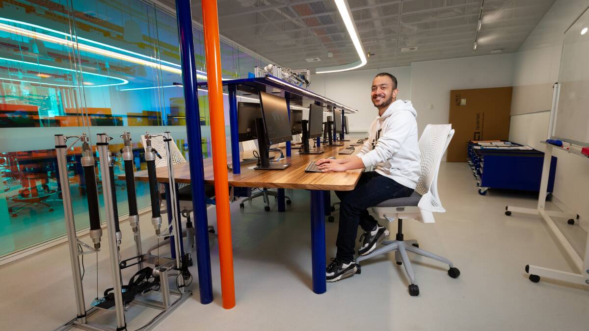 PhD student Shivansh Budakoti in the collaborative space in the University of Canberra's new Advanced Engineering Lab. Picture by Elesa Kurtz
