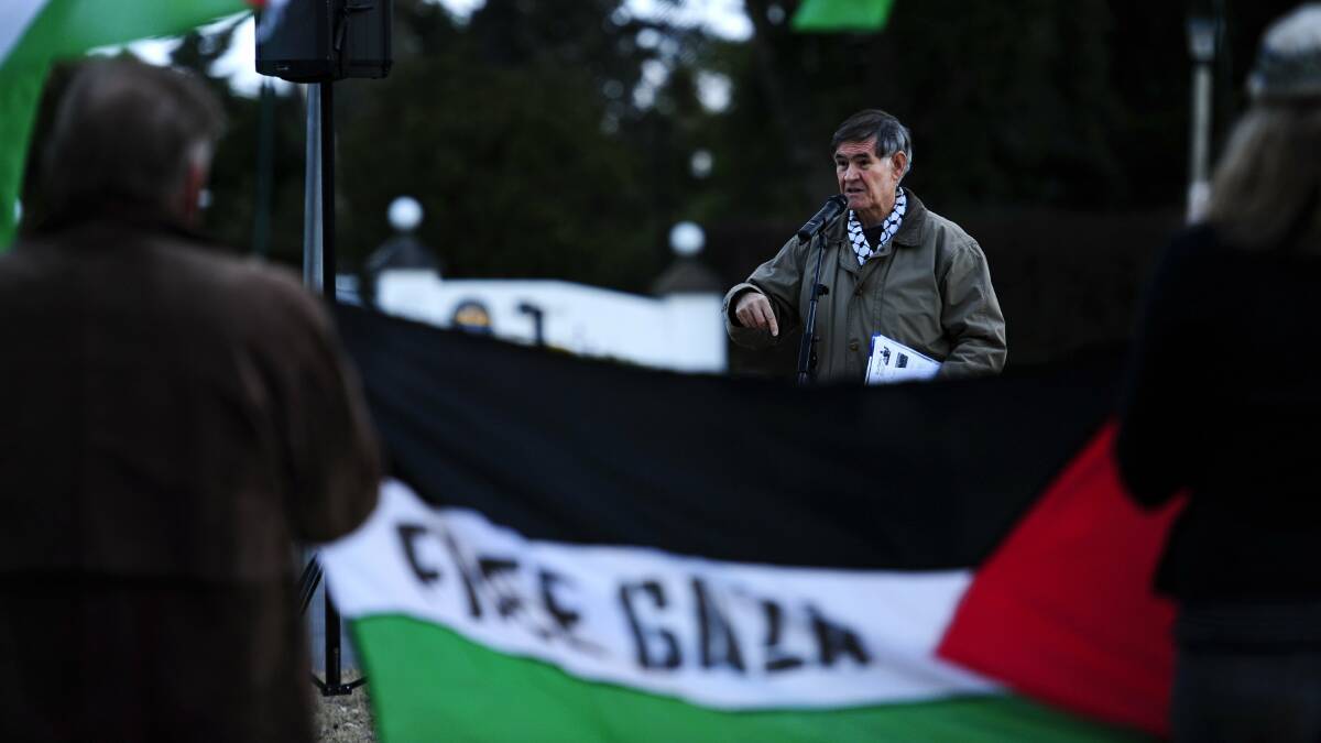 Chair of Australians for Justice and Peace in Palestine, Dr Kevin Bray, speaks at a peaceful protest outside the Israeli Embassy in July 2011, calling for an end to Israel's blockade of Gaza. Picture by Stuart Walmsley