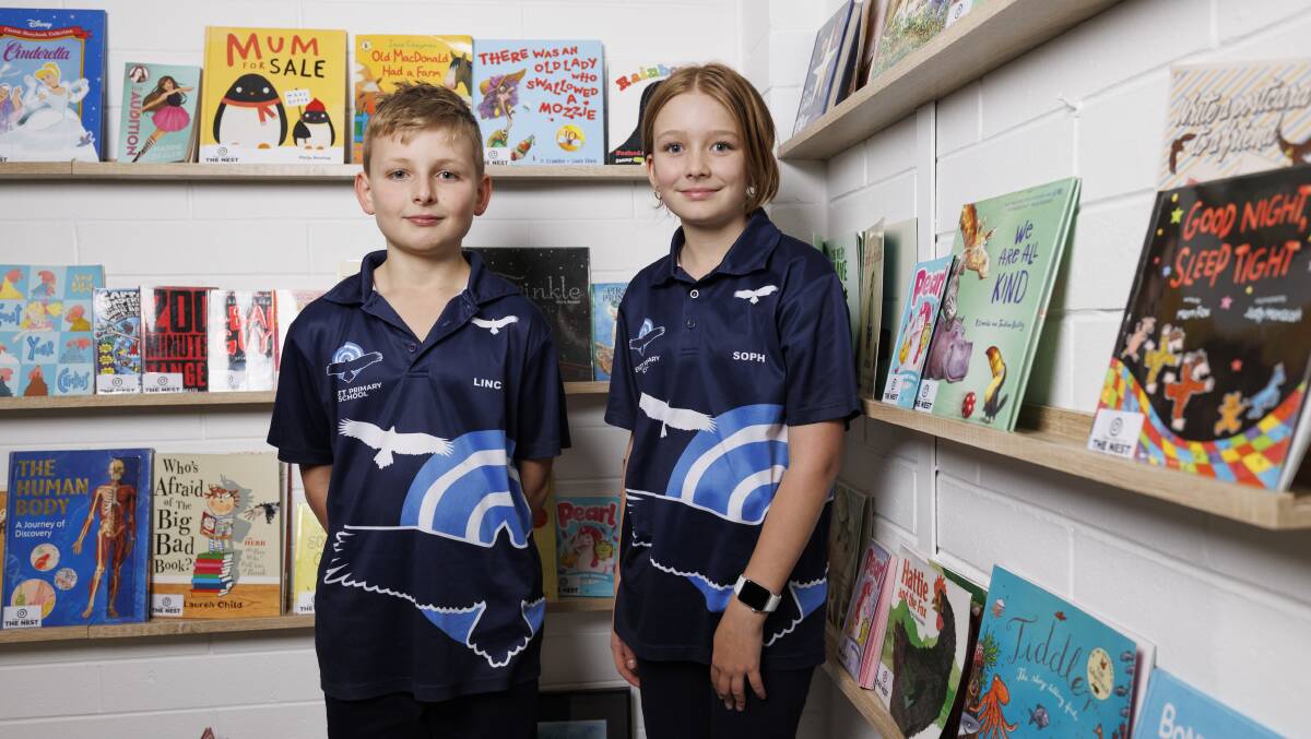 Evatt Primary school Year 6 students Lincoln McKeahnie, 11, and Sophie Shaddock, 11, are excited about a new STEM classroom and new toilets at their school. Picture by Keegan Carroll
