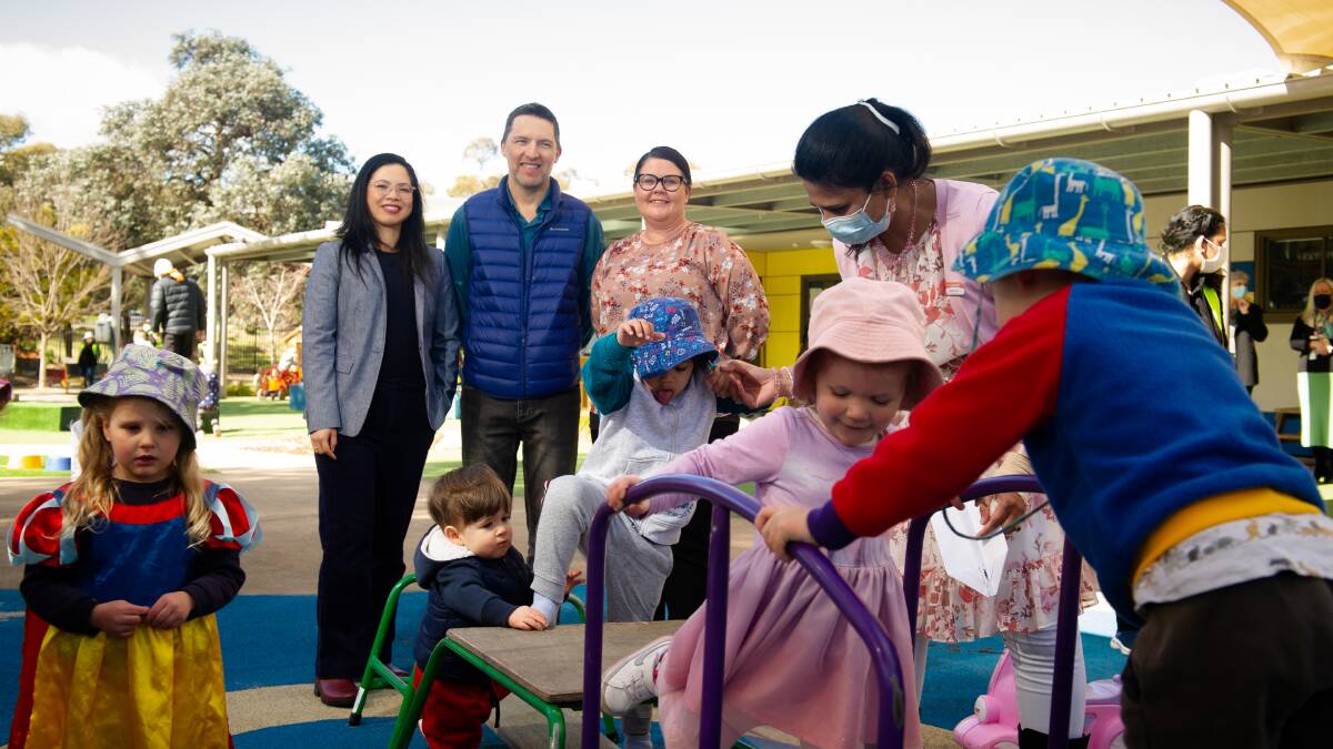 University of Canberra researchers Jennifer Ma and Thomas Nielsen are working with Communities at Work director of children's services Kellie Stewart to address high levels of distress early childhood educators. Picture: Elesa Kurtz