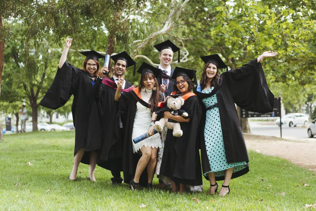 ANU graduates Eleanor Armstrong, Yashaswi Khandelwal, Apoorva Raghubanshi, Keegan Knott, Nirupama Verma and Elizabeth Plowman attended their graduation. Picture: Dion Georgopoulos