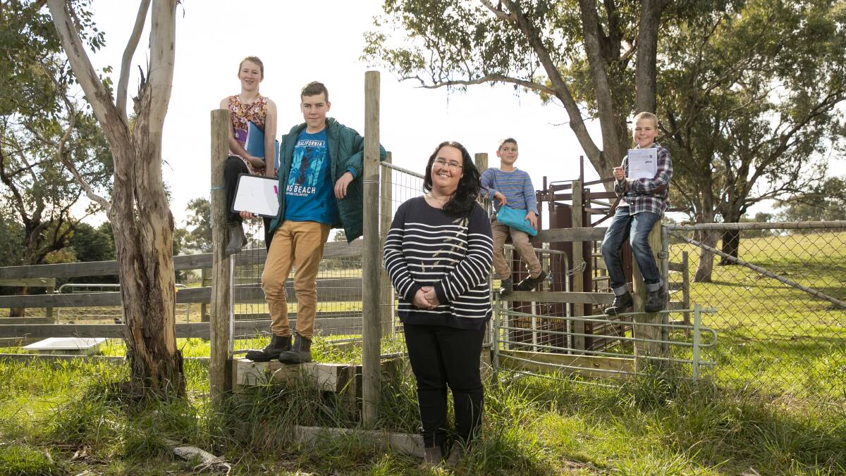 Selena Guest home schools her four children Caeleb, 13, Lydia, 11, Aaron, 8, and Matthew, 6, at their hobby farm in Yass. Picture: Keegan Carroll