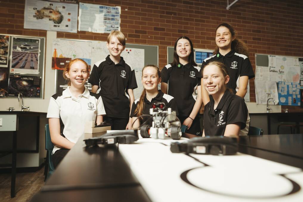 Canberra High School students Emily Hyde, Emily Chalmers, Emily Weeks, Alison Kennelly, Sarah Dann and Annika Connelly-Hansen are involved in STEM extra-curricular activities. Picture: Dion Georgopoulos