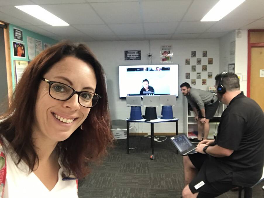 Lisa Ison, Matthew Garratt and Kieran Blackwell facilitate a virtual excursion to Questacon for year five and six students at Giralang Primary School. Picture: supplied