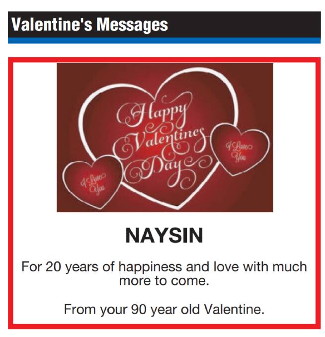 Reg Dyett's Valentine's Day message to his wife Naysin.