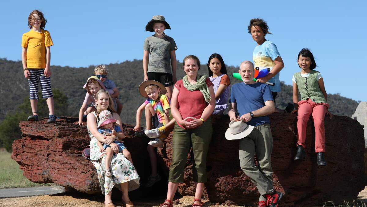 Teacher Emily McKenzie-Kay, centre, is working to set up the Canberra Nature school with Miranda Staniforth, left, and teacher Michael Thompson, right. Pictured with prospective students. Picture by James Croucher