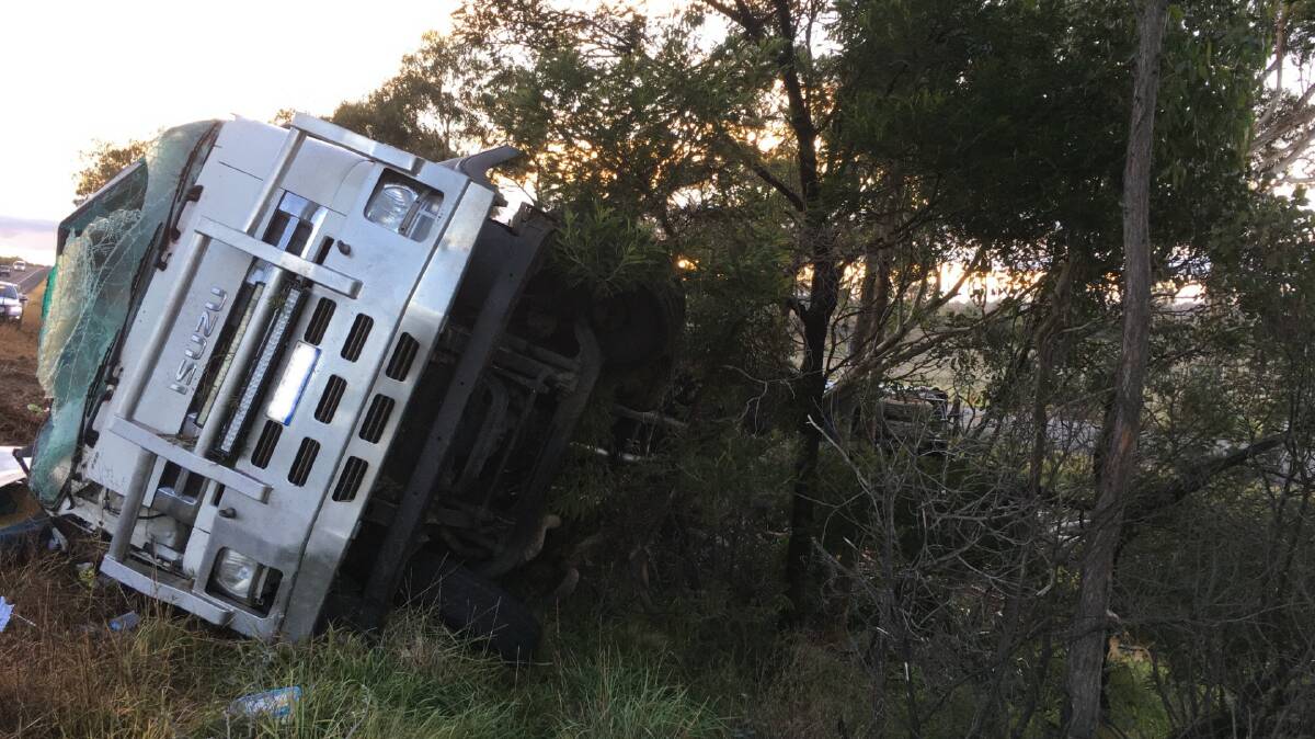 A truck has rolled over on the Federal Highway near the ACT border. Picture: Peter Brewer