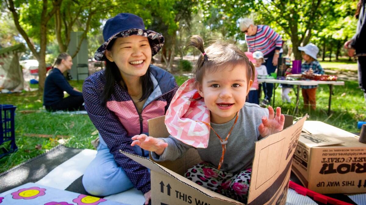 Liliana Grace with her daughter, Abigail Gallagher, 2, have been attending a loose parts playgroup organised by University of Canberra researchers. Picture: Elesa Kurtz