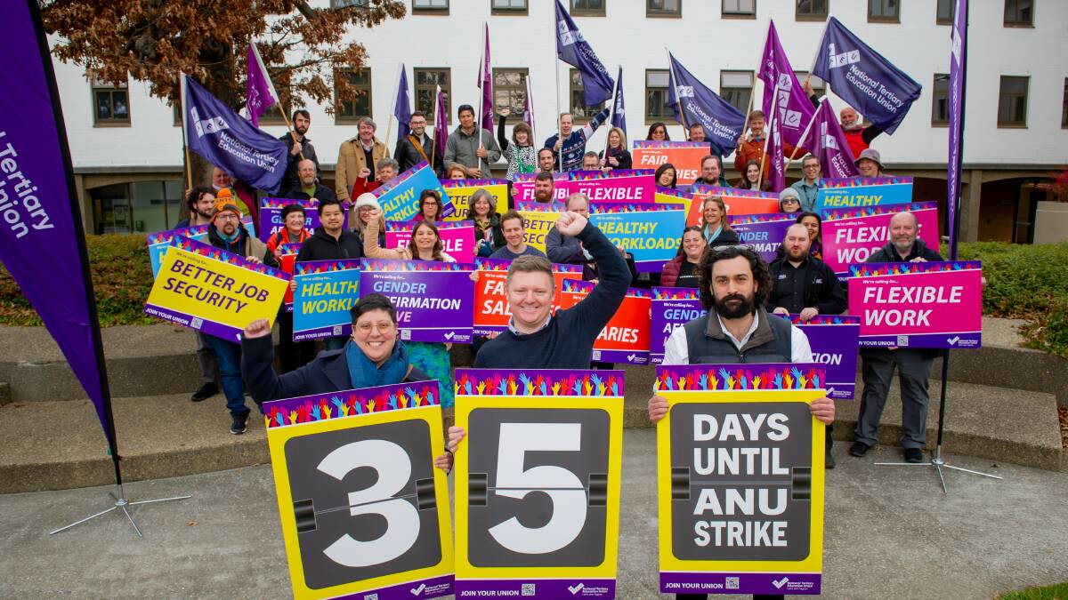 National Tertiary Education Union ANU members, including casual academic Lina Koleilat, ACT division secretary Lachlan Clohesy and ANU Branch president Millan Pintos-Lopez, have voted to go on strike. Picture by Elesa Kurtz