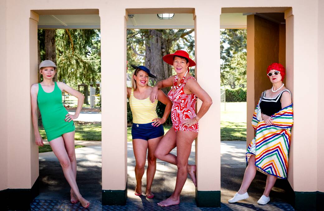 Kasey Tomkins, Grace Taverner, Caroline Luke-Evered and Rebecca Scouller model different vintage swimsuits at Manuka Pool, which turns 90 this year. Picture: Elesa Kurtz