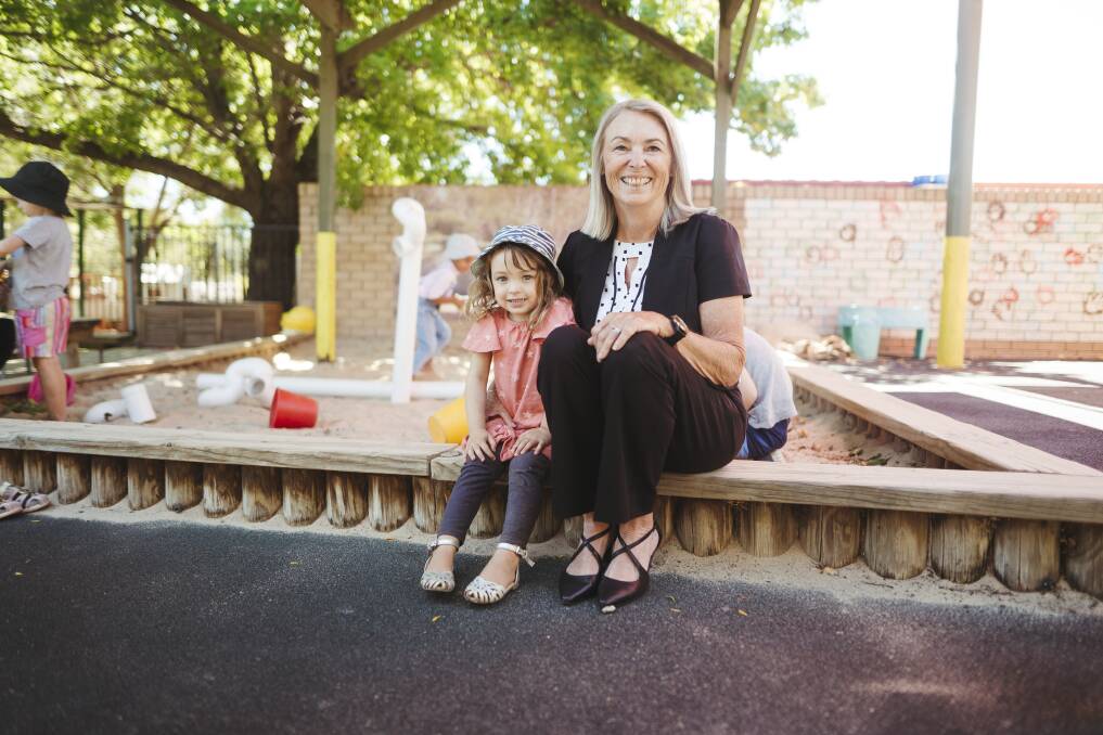 Chief executive of Communities@Work Lee Maiden with her granddaughter Macy Maiden, 3, at Richardson Child Care and Education Centre. Picture: Dion Georgopoulos