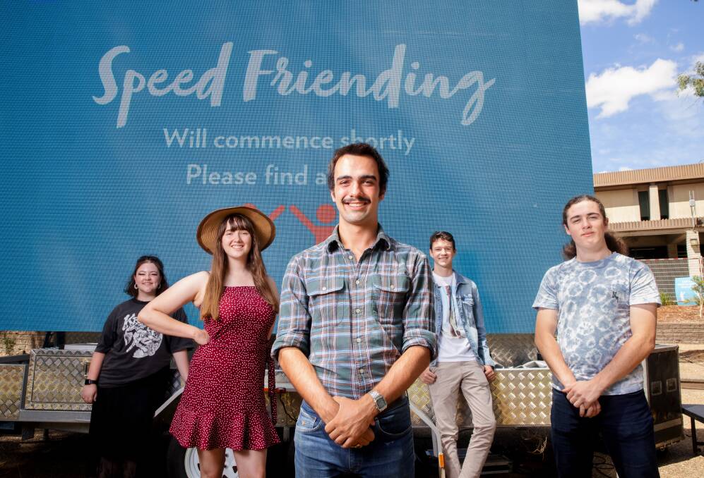 Students Annah Kirkpatrick, Ashleigh Butler, Luke McCrostie, James Broussard, and Shaun Payne tried speed friending during the University of Canberra's O-Week. Picture: Sitthixay Ditthavong
