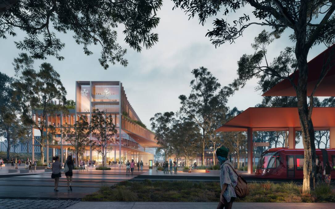 An artists impression of a light rail stop at the University of Canberra Bruce campus. Picture: Doug and Wolf