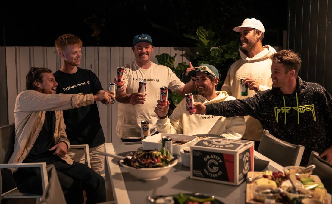 The Gravity Seltzer crew: Harley Clifford, Liam Battye, Mick Spencer, Cooper Chapman, Matt Poole and Harry Bink, catch up for a barbecue. Picture by Kaleb Kennedy