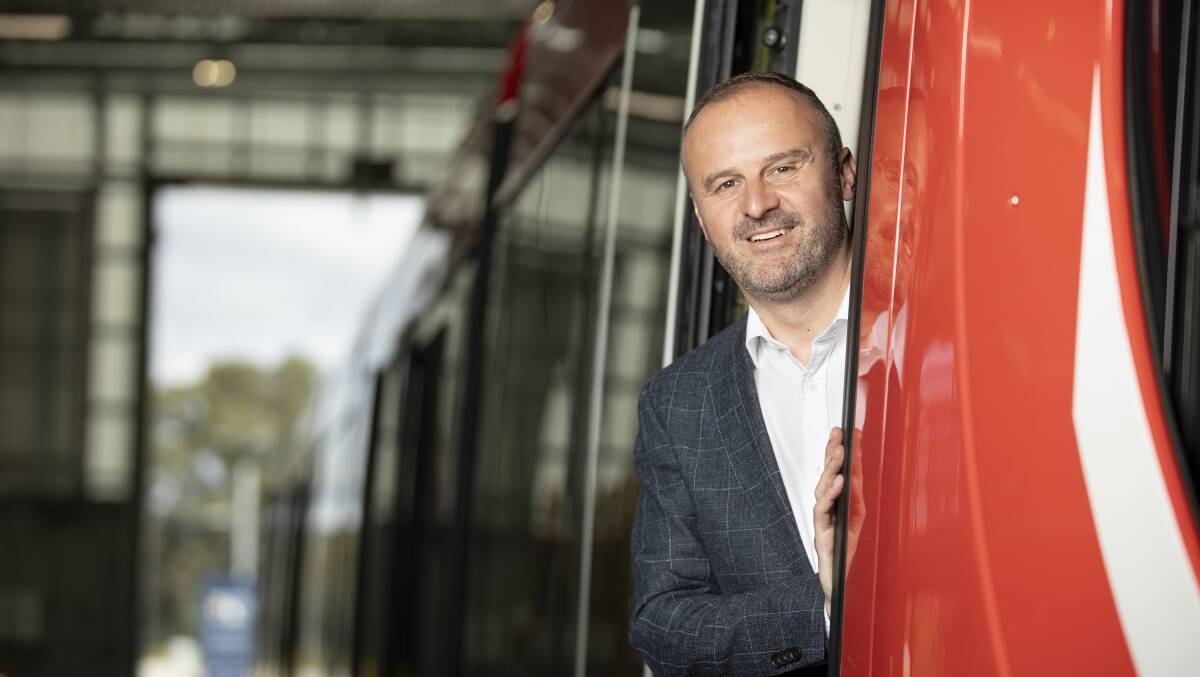 Chief Minister Andrew Barr at the Mitchell light rail depot in October 2020. Picture by Sitthixay Ditthavong
