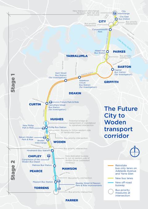 A map of a proposed city-to-Woden busway produced by the Canberra Liberals. Picture supplied