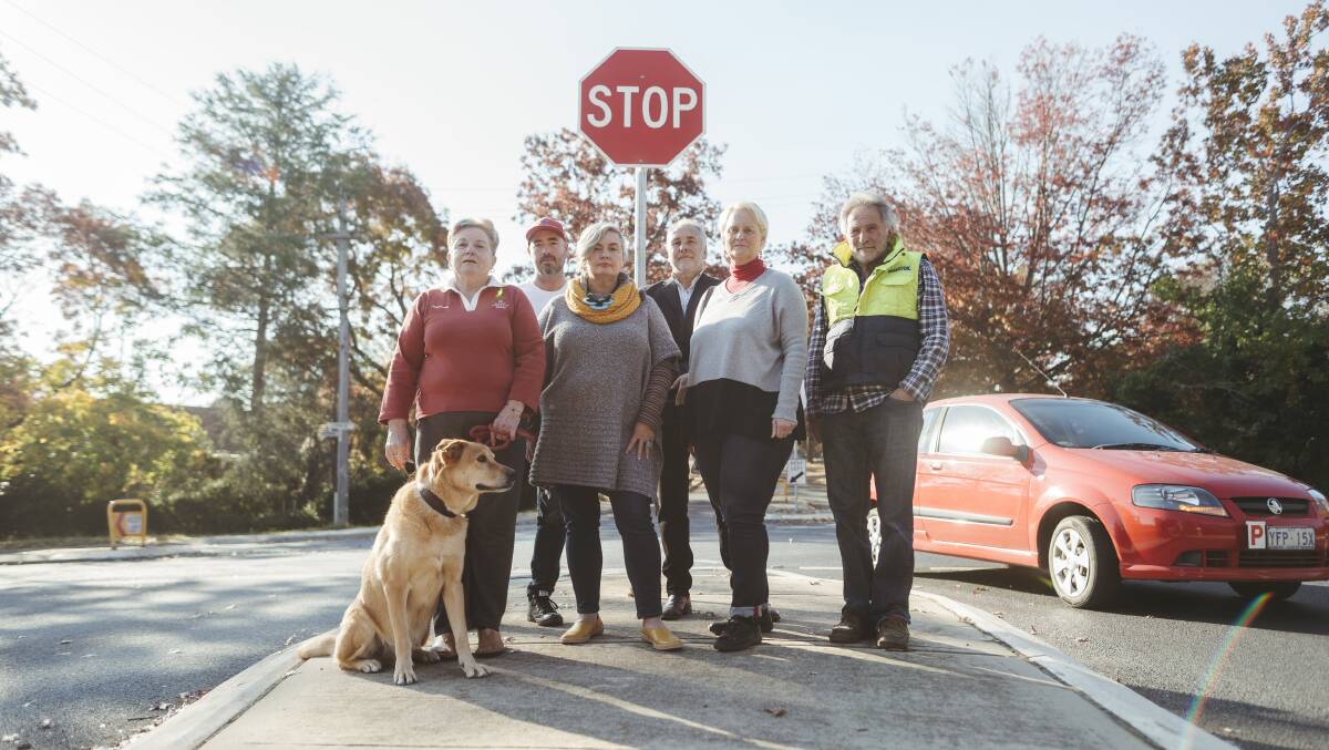 Narrabundah Peafowlers (back) Charles Chatain, Timothy DeWan, (front) Gail McAlpine, Peta Swarbrick, Carol Cooke, Steve Racic at the intersection of La Perouse Stand and Carnegie Crescent in Narrabundah where peafowl have been killed by drivers. Picture: Dion Georgopoulos
