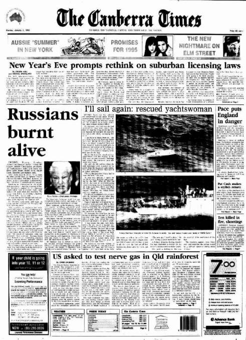 The front page of The Canberra Times on January 2, 1995.