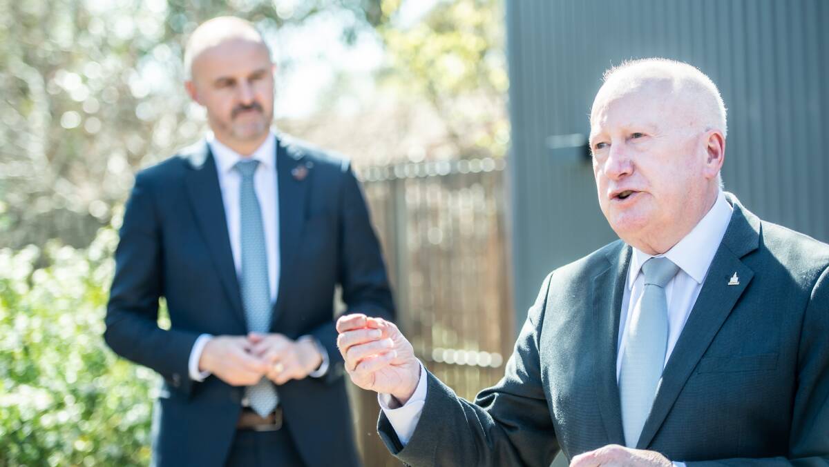 Chief Minister Andrew Barr, left, and Planning Minister Mick Gentleman announcing the changes in Torrens on Monday. Picture by Karleen Minney