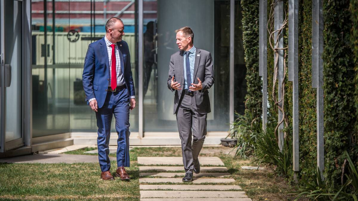 Chief Minister Andrew Barr with Emissions Reduction Minister Shane Rattenbury. Picture: Karleen Minney