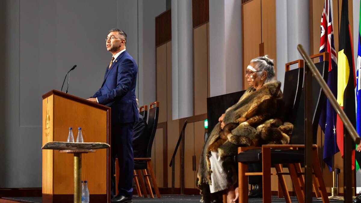 Paul Girrawah House, standing, at the opening of the 47th federal parliament on Tuesday, July 26, with his mother, Dr Matilda House. Picture: Elesa Kurtz