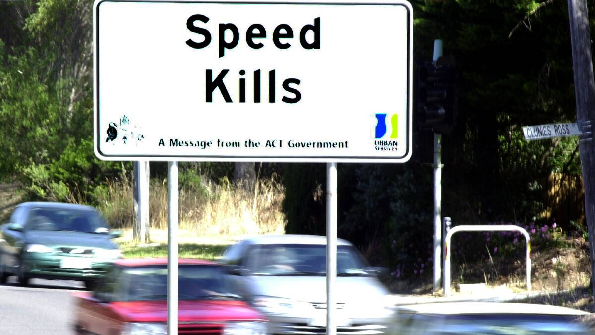 A speed warning sign installed at the intersection of Barry Drive and Clunies Ross more than two decades ago, before the ACT went on to adopt a standard 50km/h speed limit in 2003. Picture: Martin Jones