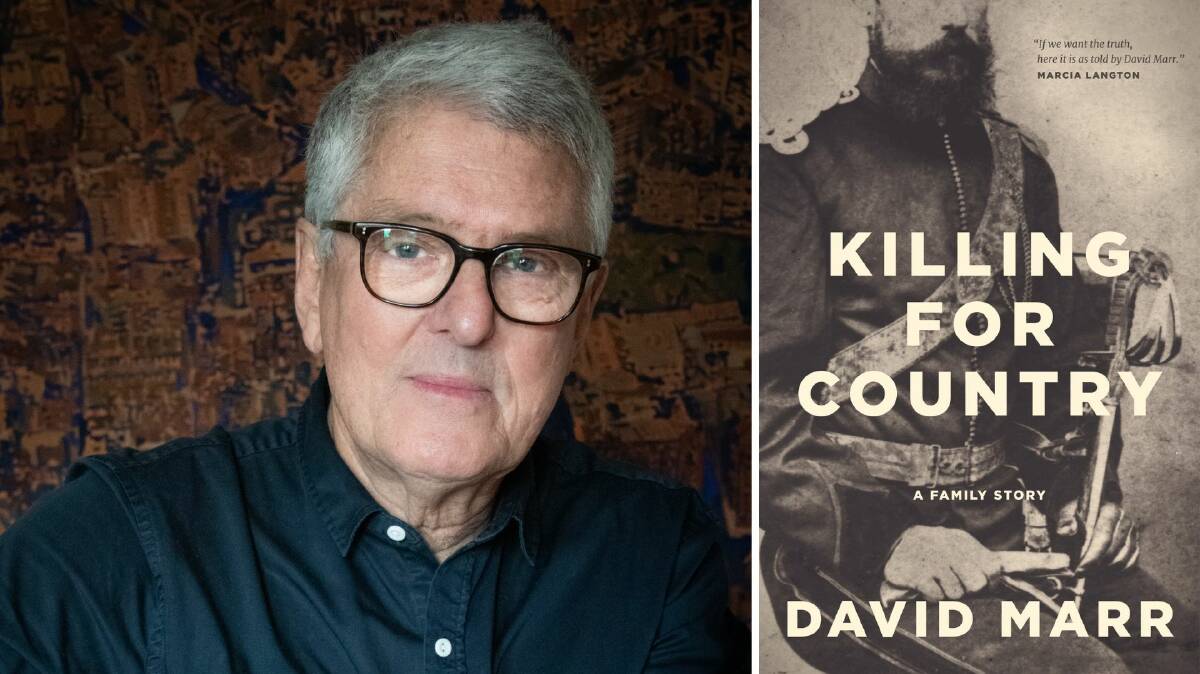 Journalist and author David Marr, left, and the cover of Killing for Country. Picture by Lorrie Graham, supplied