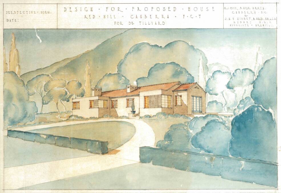 Water colour perspective of the 'Spinney' house on Mugga Way, now demolished, from plans drafted by Heather Sutherland in 1936. Picture: Supplied