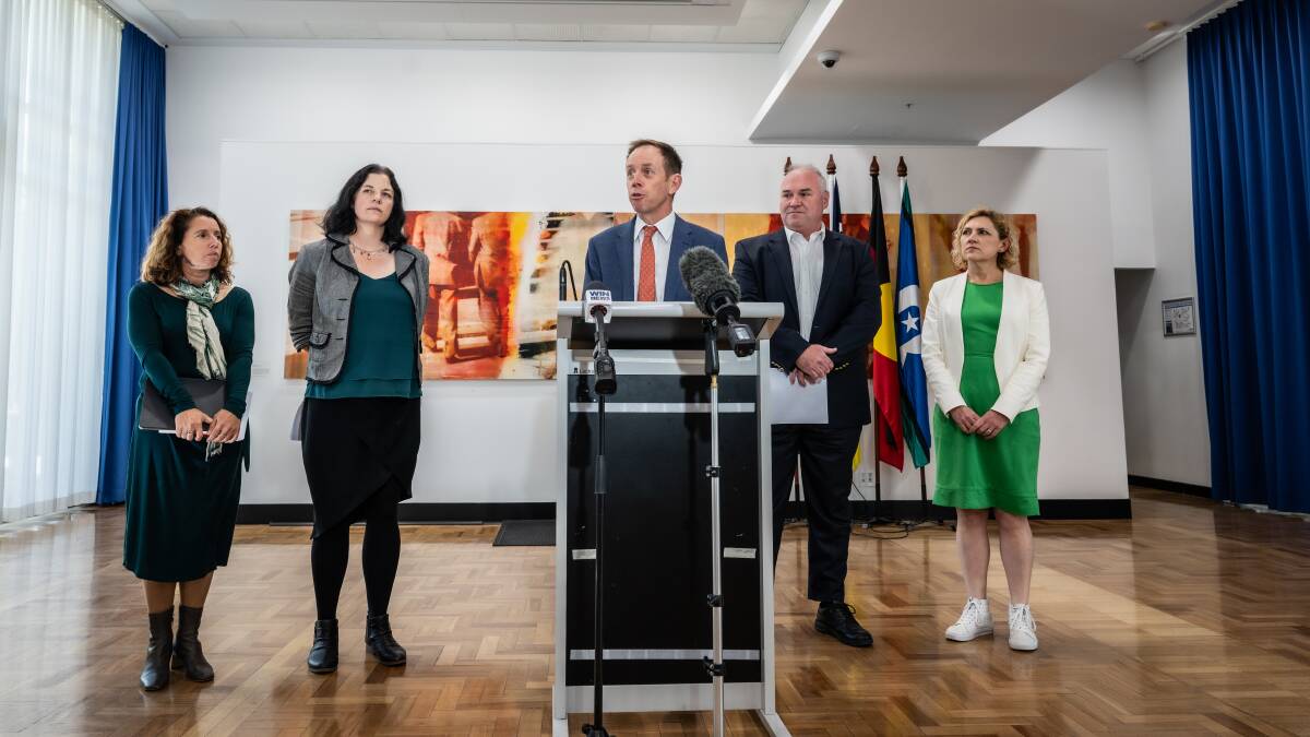 Shane Rattenbury, centre, with, from left, Rebecca Vassarotti, Jo Clay, Andrew Braddock and Emma Davidson addressed the media on November 13. Picture by Karleen Minney