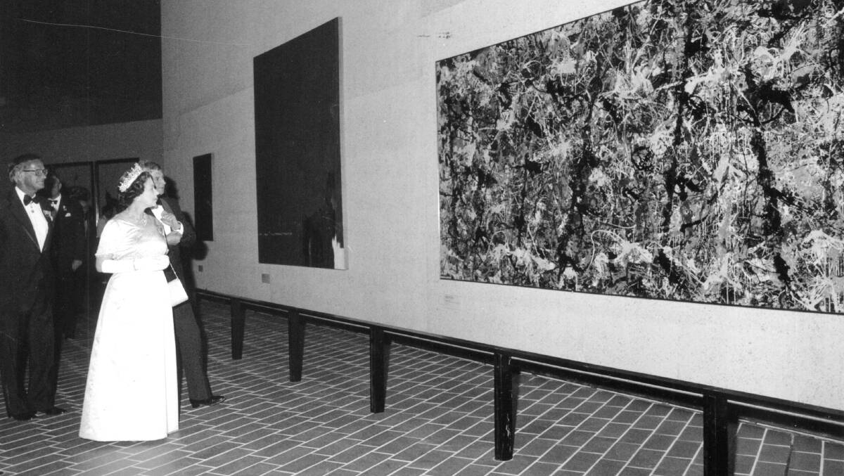 The Queen at the opening of the National Gallery in 1982, viewing Jackson Pollock's Blue Poles. Canberra Times picture
