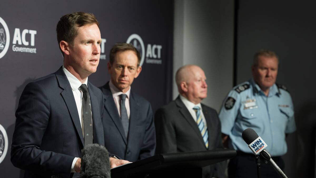 From left, Transport Minister Chris Steel, Attorney-General Shane Rattenbury, Police Minister Mick Gentleman and ACT Policing Assistant Commissioner Peter Crozier announce new driver safety laws in November. Picture by Sitthixay Ditthavong
