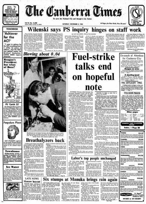 The front page of The Canberra Times on November 8, 1980.