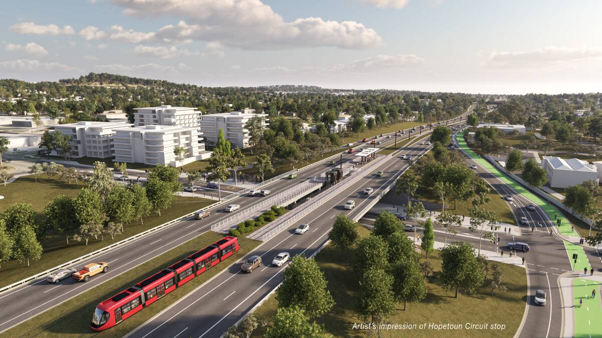 An artist's impression produced by the ACT government showing the planned stage 2B of light rail over Houpeton Circuit. Picture supplied