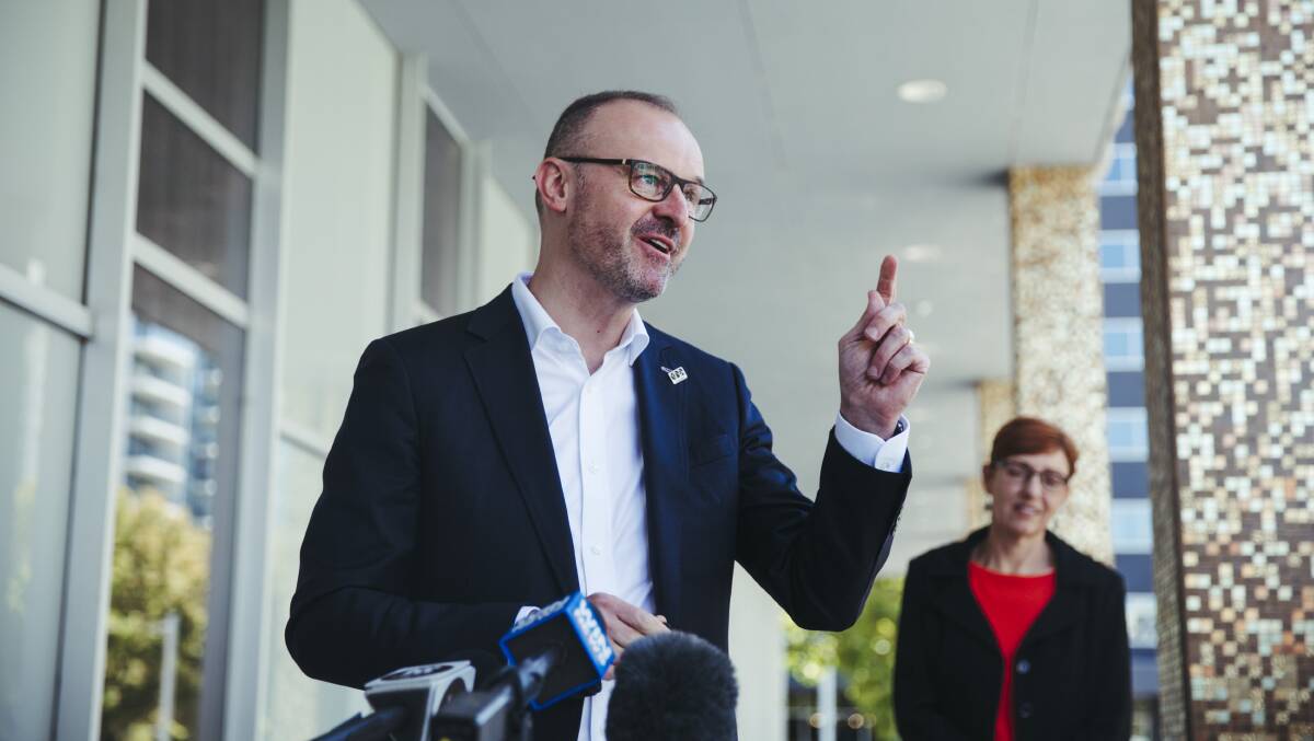 ACT Chief Minister Andrew Barr provides a COVID-19 update for Canberra on Friday, February 18, outside the Legislative Assembly with Health Minister Rachel Stephen-Smith. Picture: Dion Georgopoulos