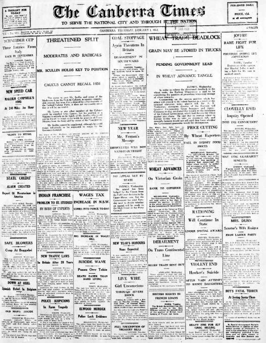 The front page of The Canberra Times on January 1, 1931.