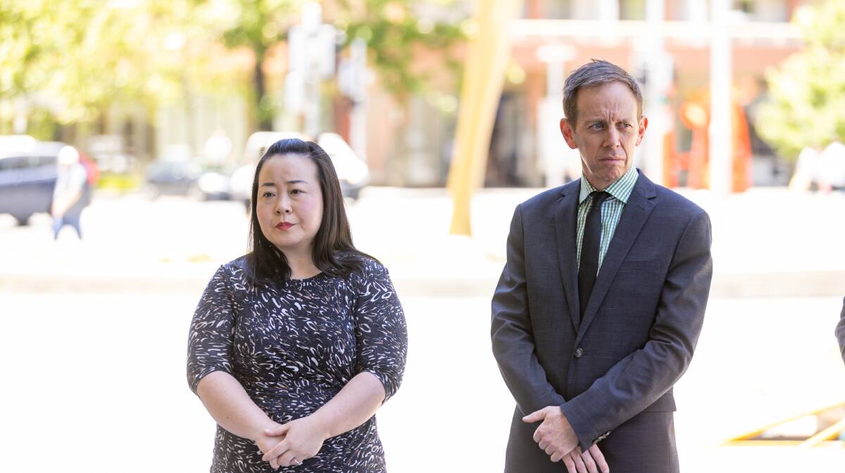 Opposition Leader Elizabeth Lee, left, who has called on Greens leader Shane Rattenbury, right, to explain his party's promotion of a pro-Palestine protest rally. Picture by Sitthixay Ditthavong