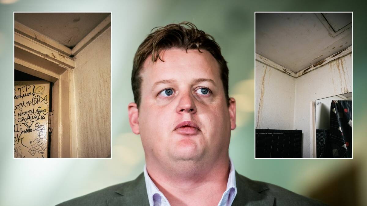 CFMEU ACT branch secretary Zach Smith, who says the conditions in ACT public housing, inset, are 'Third World'. Pictures Karleen Minney, supplied