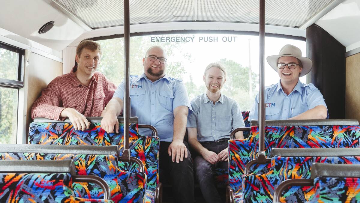 John Tokaji, Zac Mathes, Brock Ginman and Joshua Cox in the back seat of Mr Ginman's Bus 967. Picture: Dion Georgopoulos