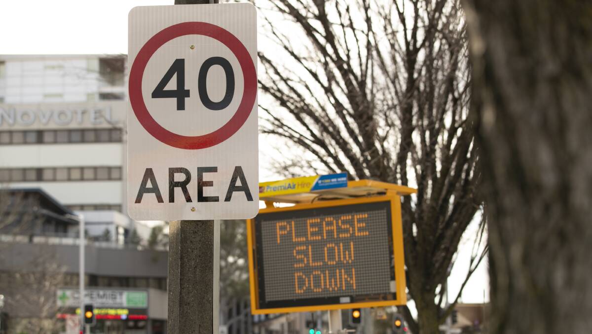 The ACT government used warning signs, pictured in July 2021, to alert motorists to the 40km/h speed zone in Civic. Picture by Elesa Kurtz