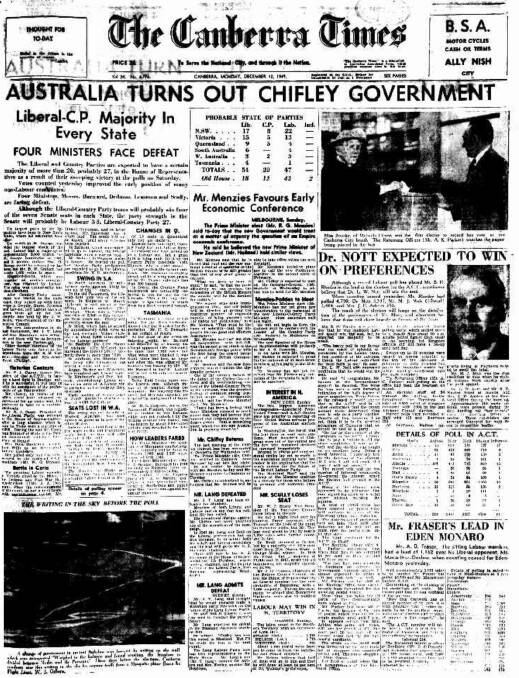 The front page of The Canberra Times on December 12, 1949.
