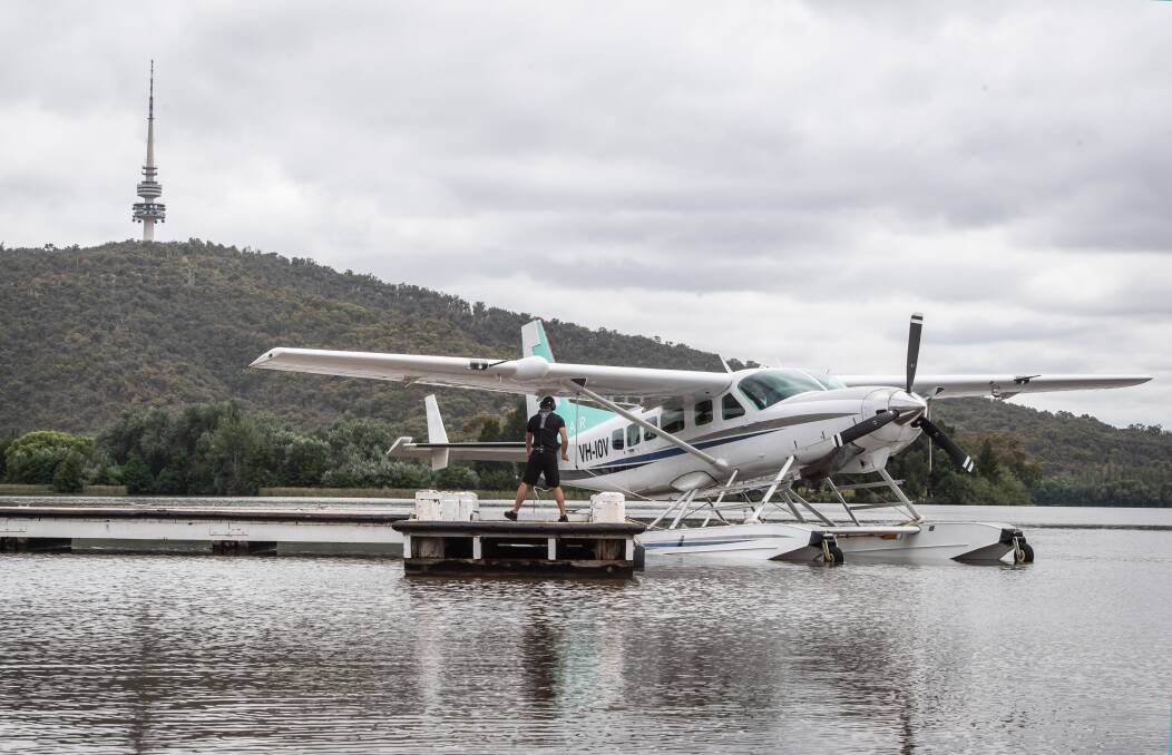 The seaplane after landing on Lake Burley Griffin as part of December's test flight. Picture: Karleen Minney