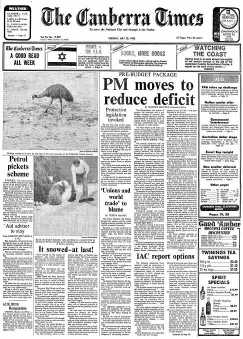 The front page of The Canberra Times on July 20, 1982.
