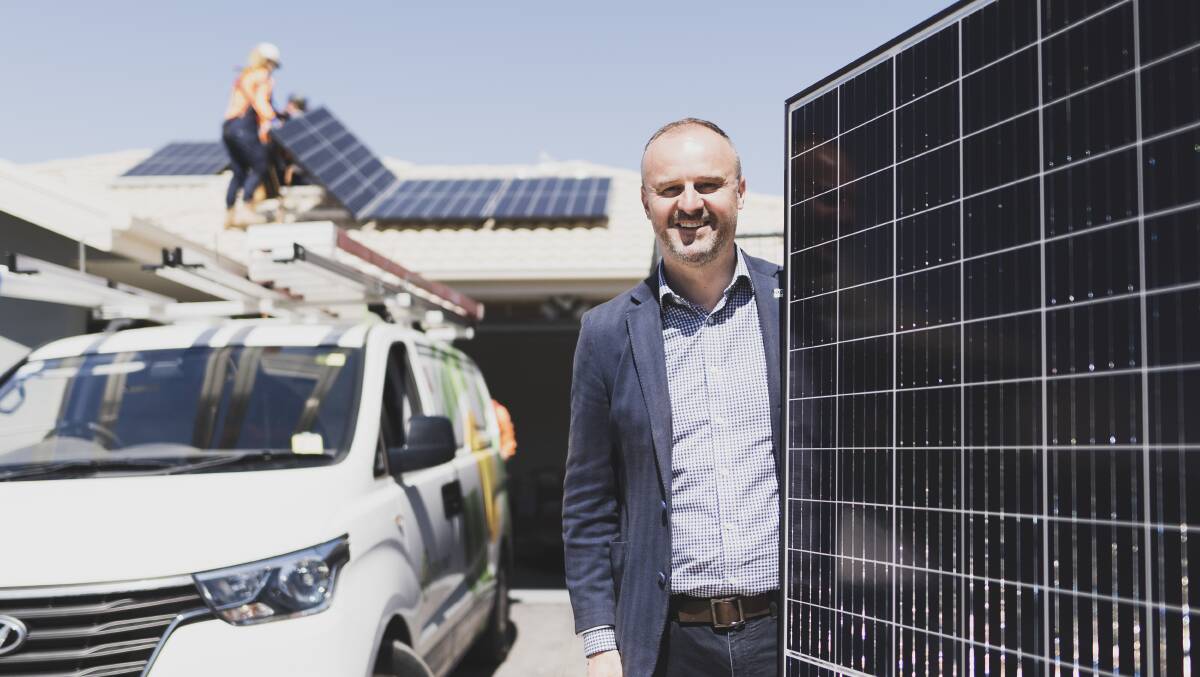 Chief Minister Andrew Barr with a solar panel in Bonner before the 2020 ACT election. Picture: Dion Georgopoulos