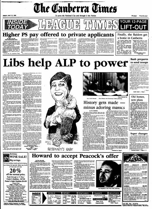 The Canberra Times front page. May 12, 1989.